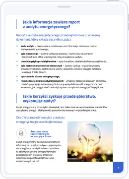 Raport z audytu energetycznego zawiera dane pomiarowe, metodologię, charakterystykę przedsiębiorstwa, opis metod badawczych, bilans energetyczny oraz rekomendacje działań optymalizacyjnych.