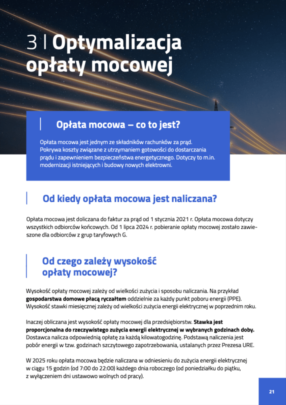 Opłata mocowa to składnik rachunku za prąd, pokrywający koszty zapewnienia stabilności systemu energetycznego, naliczany od 1 stycznia 2021 roku i zależny od zużycia energii oraz grupy odbiorców.